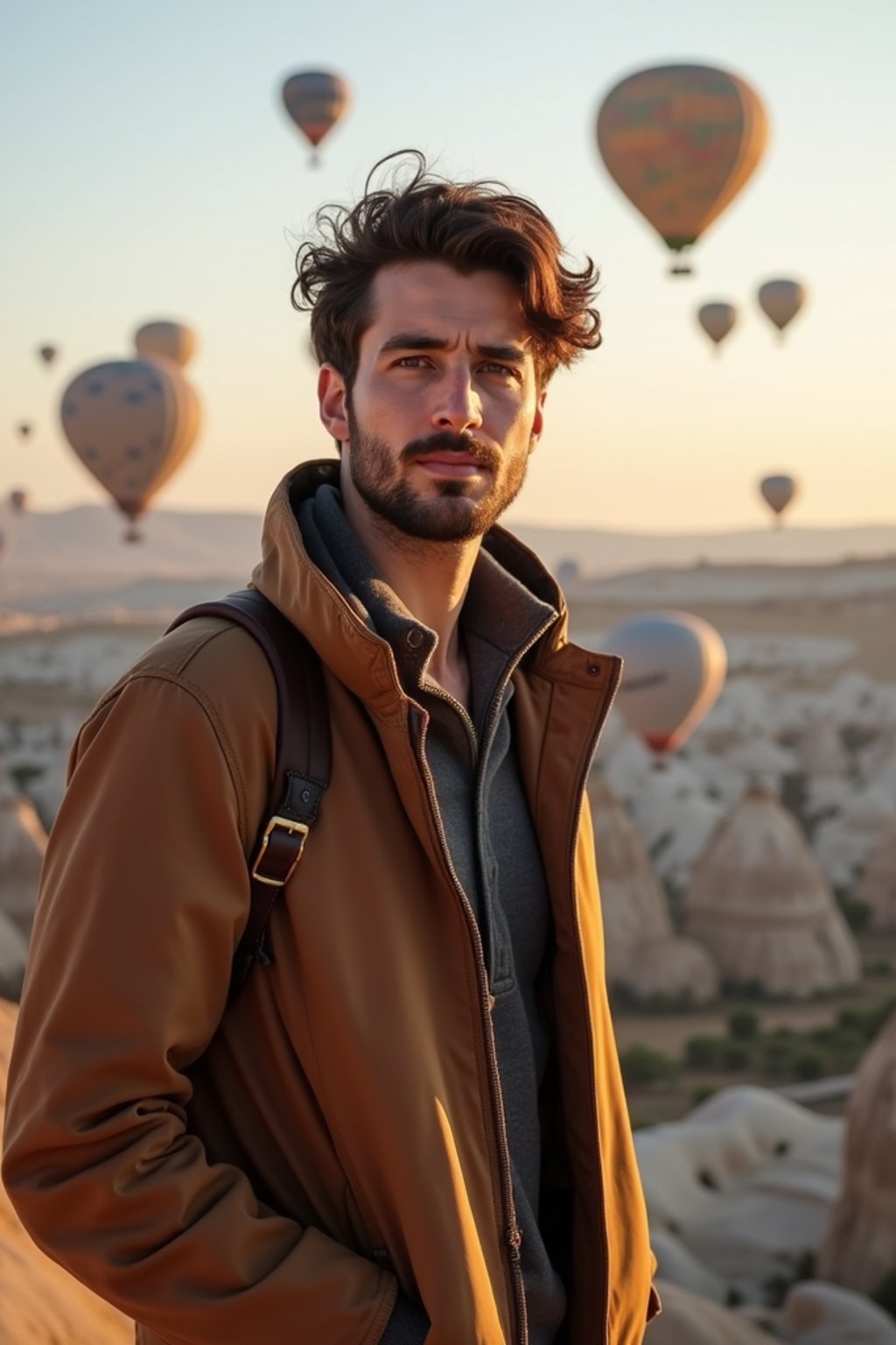 Breathtakingly man as digital nomad with hot air balloons in the background in cappadocia, Türkiye. Cappadocia, Turkey