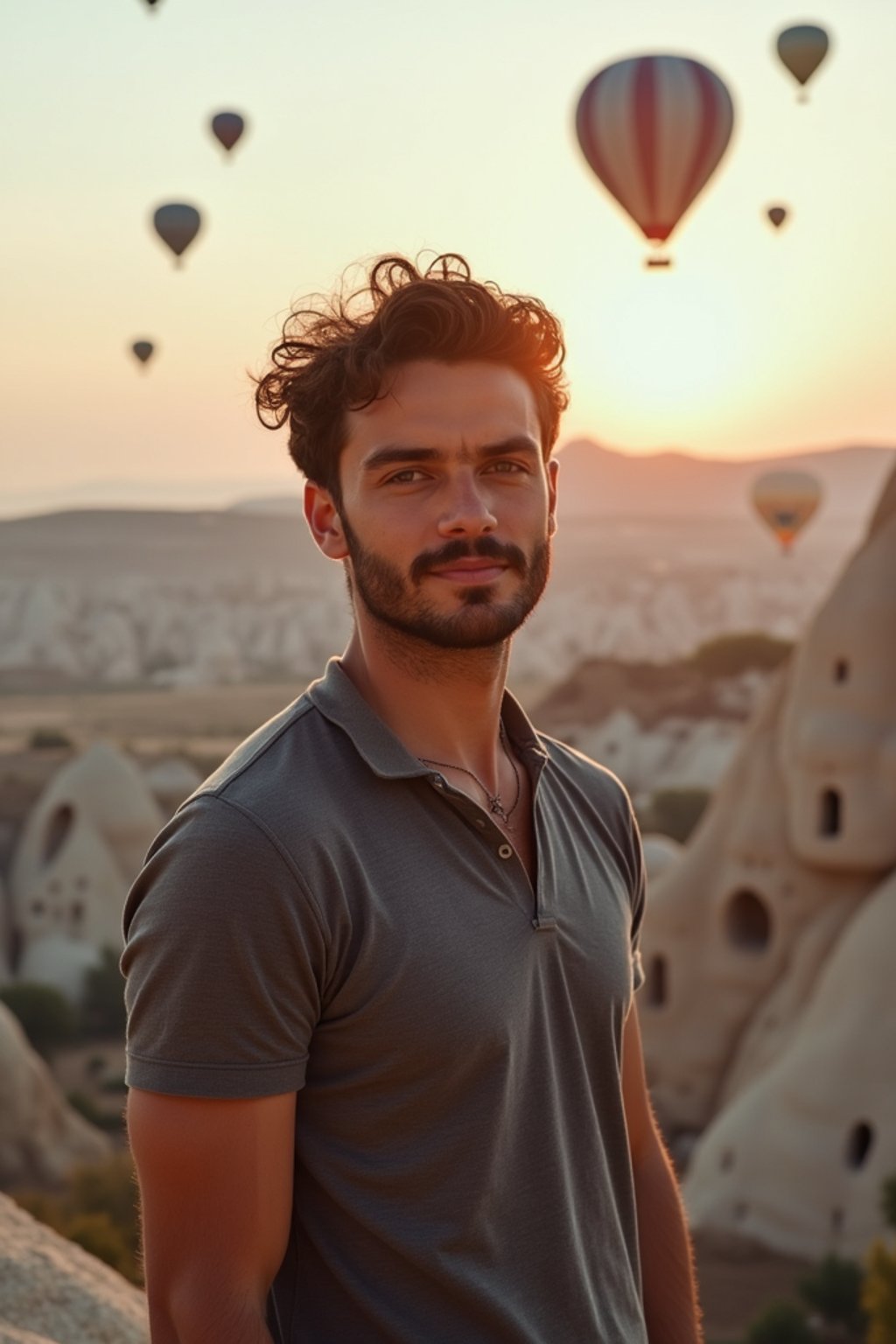 Breathtakingly man as digital nomad with hot air balloons in the background in cappadocia, Türkiye. Cappadocia, Turkey