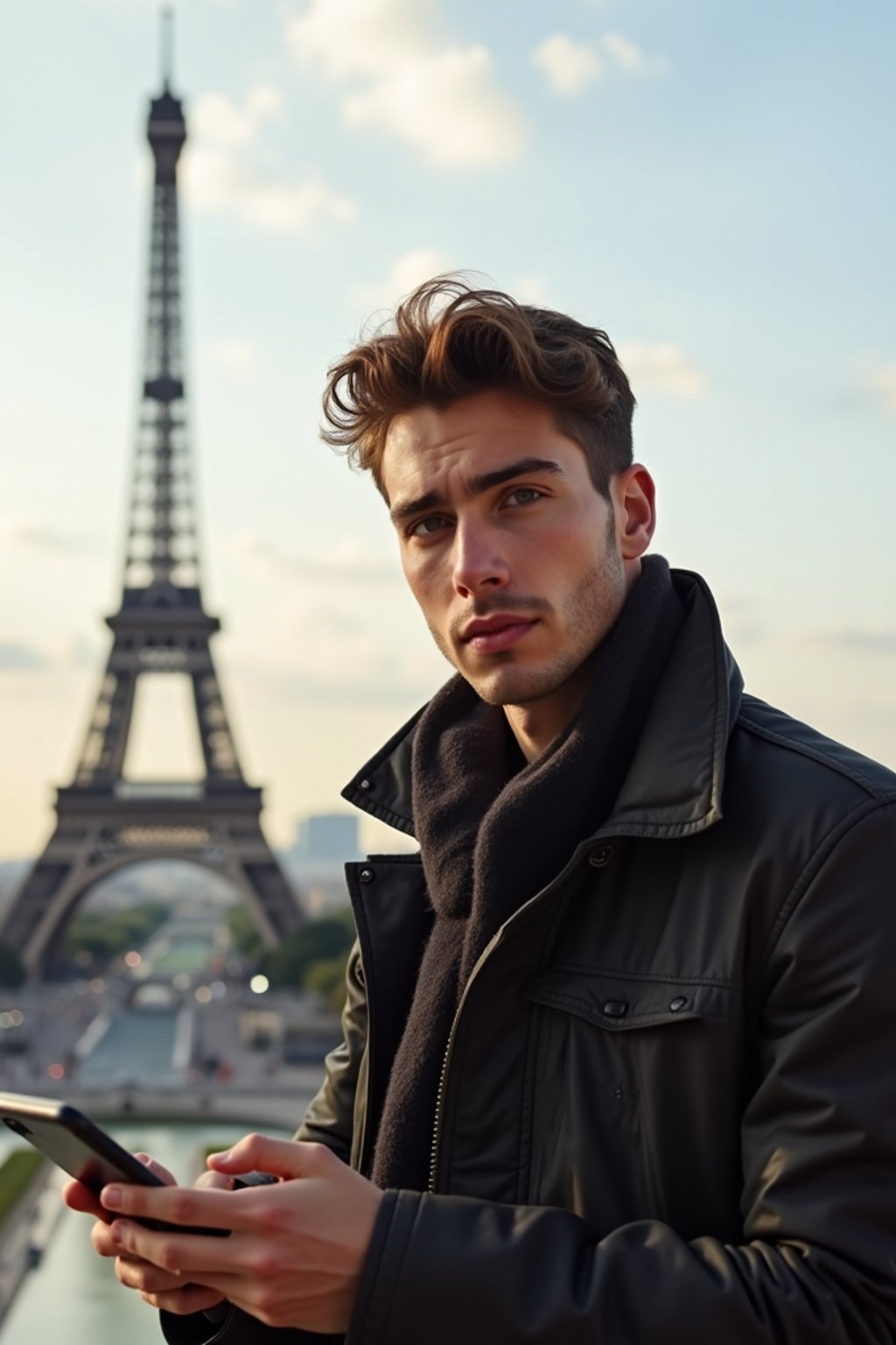 man as digital nomad in Paris with the Eiffel Tower in background