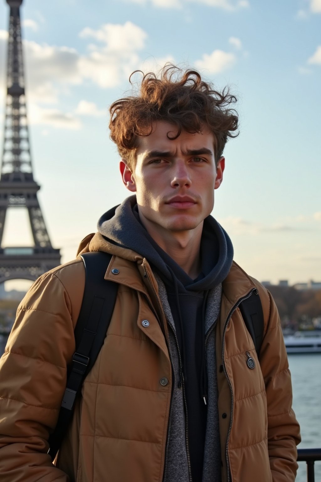 man as digital nomad in Paris with the Eiffel Tower in background