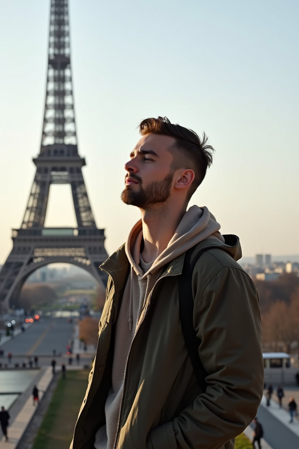 man as digital nomad in Paris with the Eiffel Tower in background