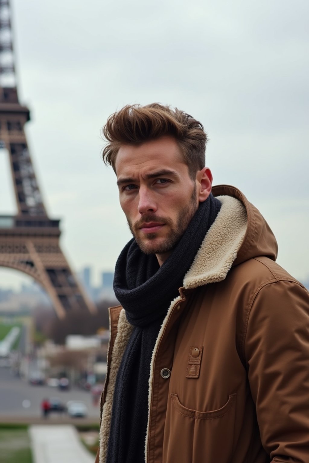 man as digital nomad in Paris with the Eiffel Tower in background