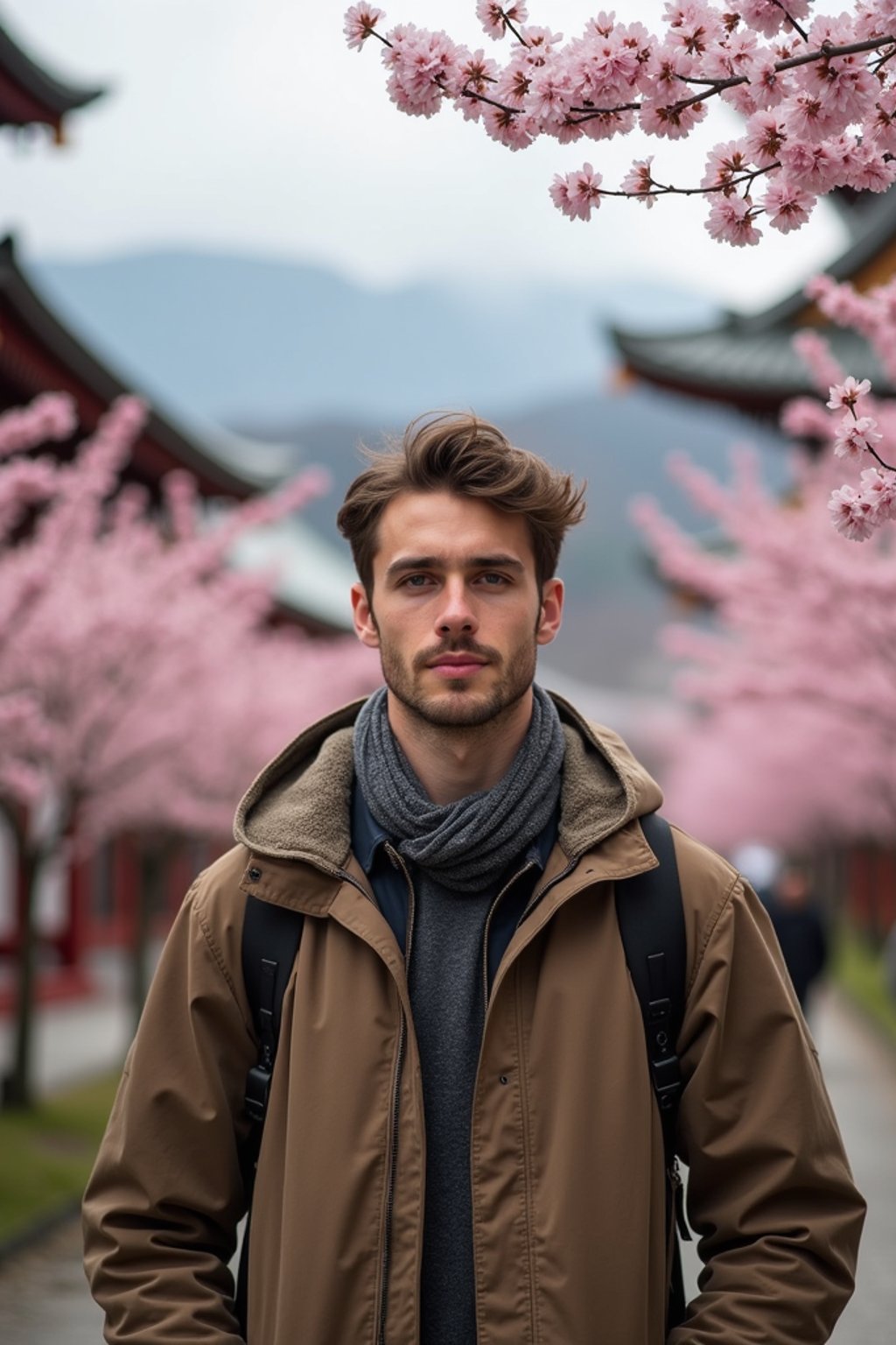 man as digital nomad in Japan with Japanese Cherry Blossom Trees and Japanese temples in background