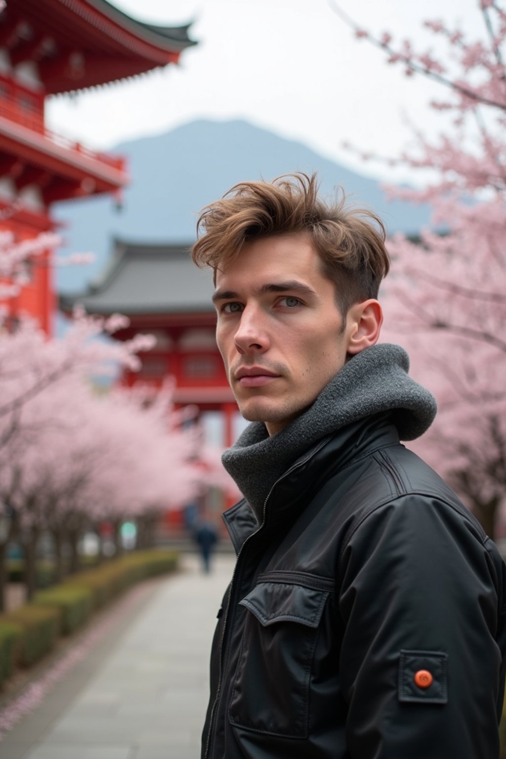 man as digital nomad in Japan with Japanese Cherry Blossom Trees and Japanese temples in background