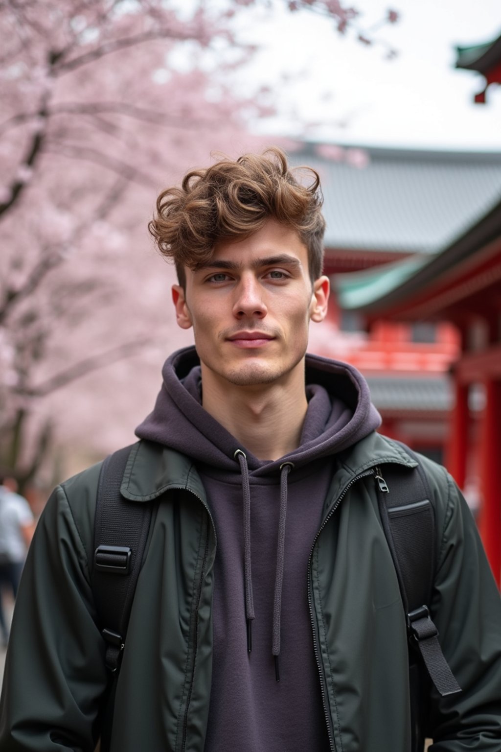 man as digital nomad in Japan with Japanese Cherry Blossom Trees and Japanese temples in background