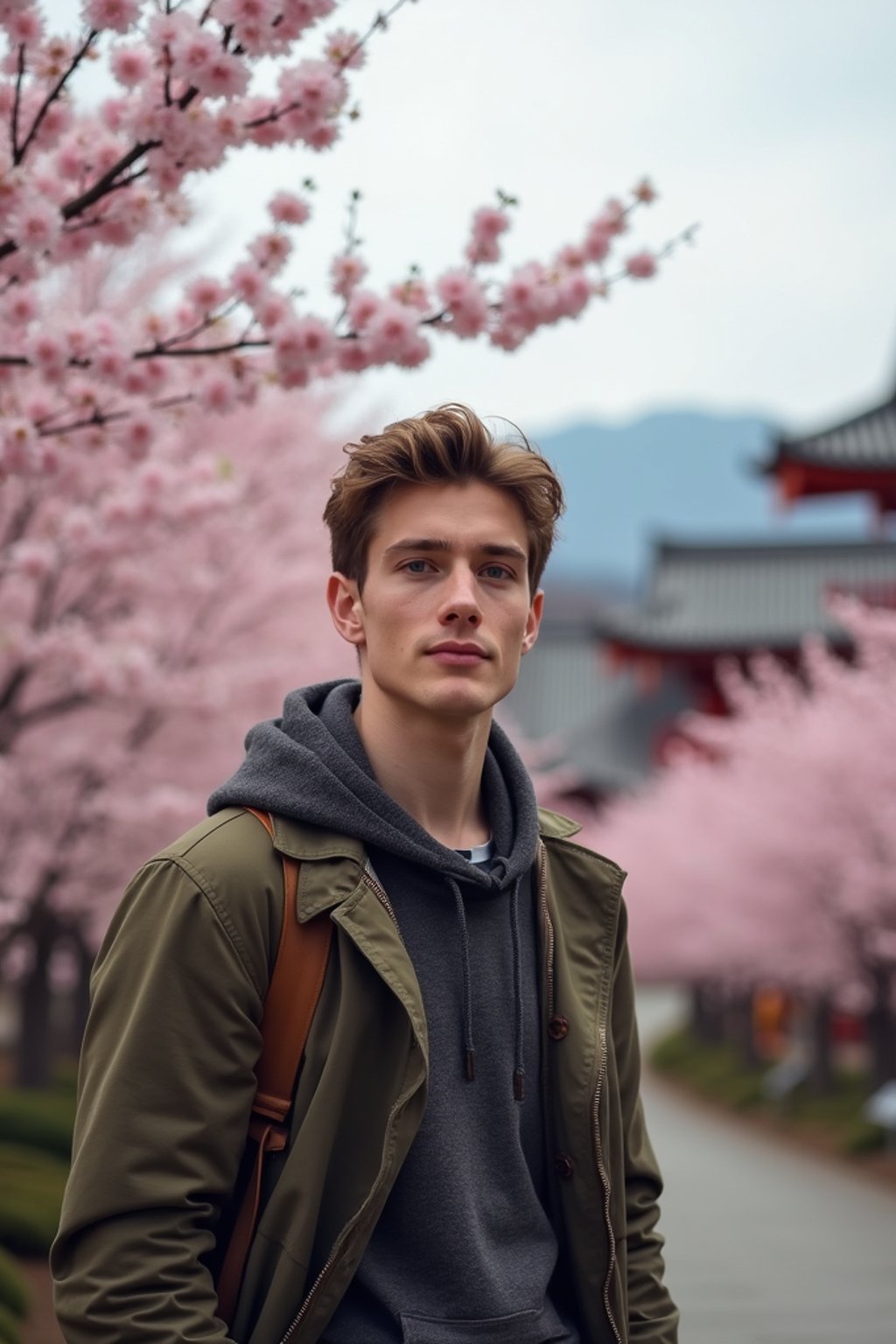 man as digital nomad in Japan with Japanese Cherry Blossom Trees and Japanese temples in background