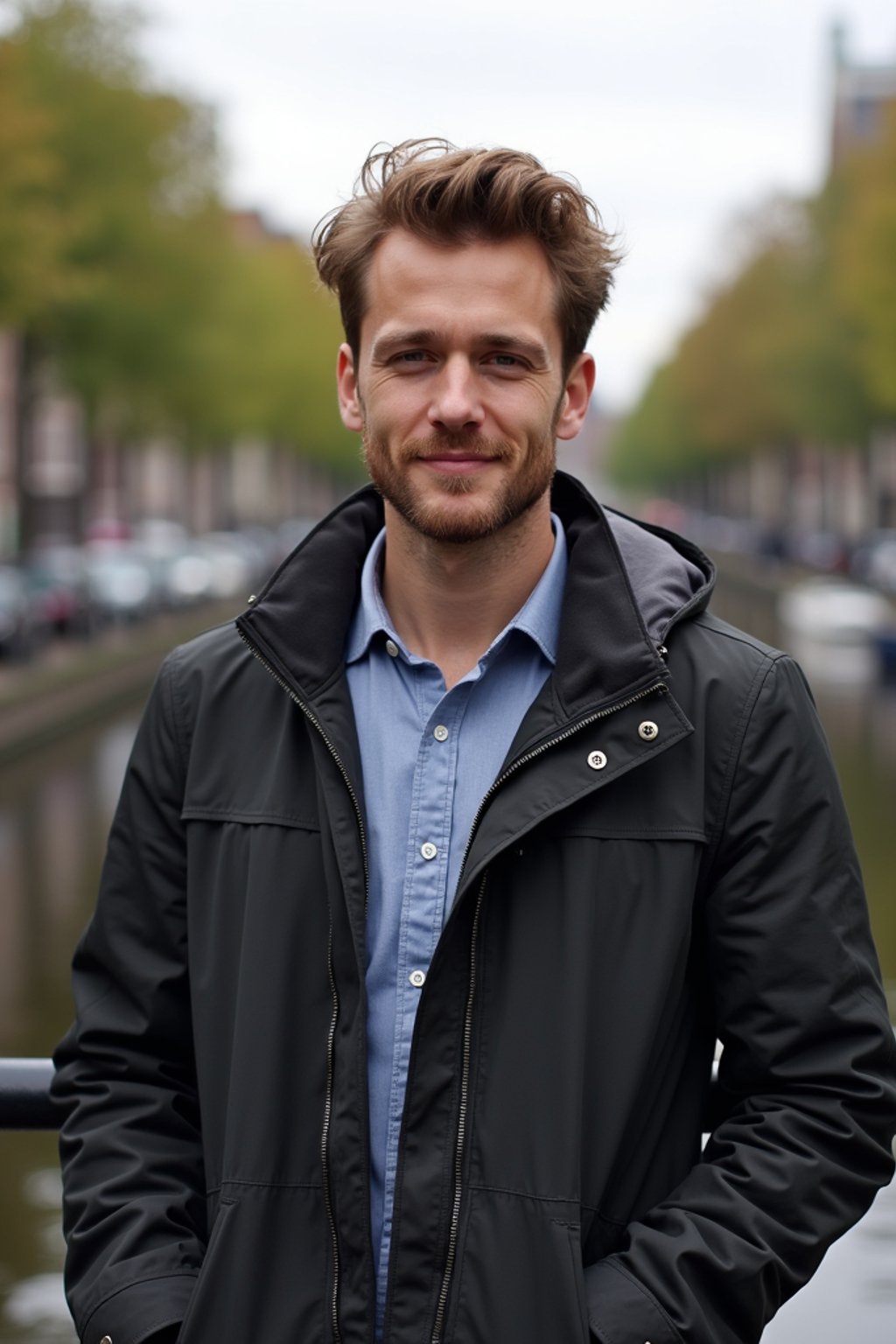 man as digital nomad in Amsterdam with the Amsterdam Canals in background