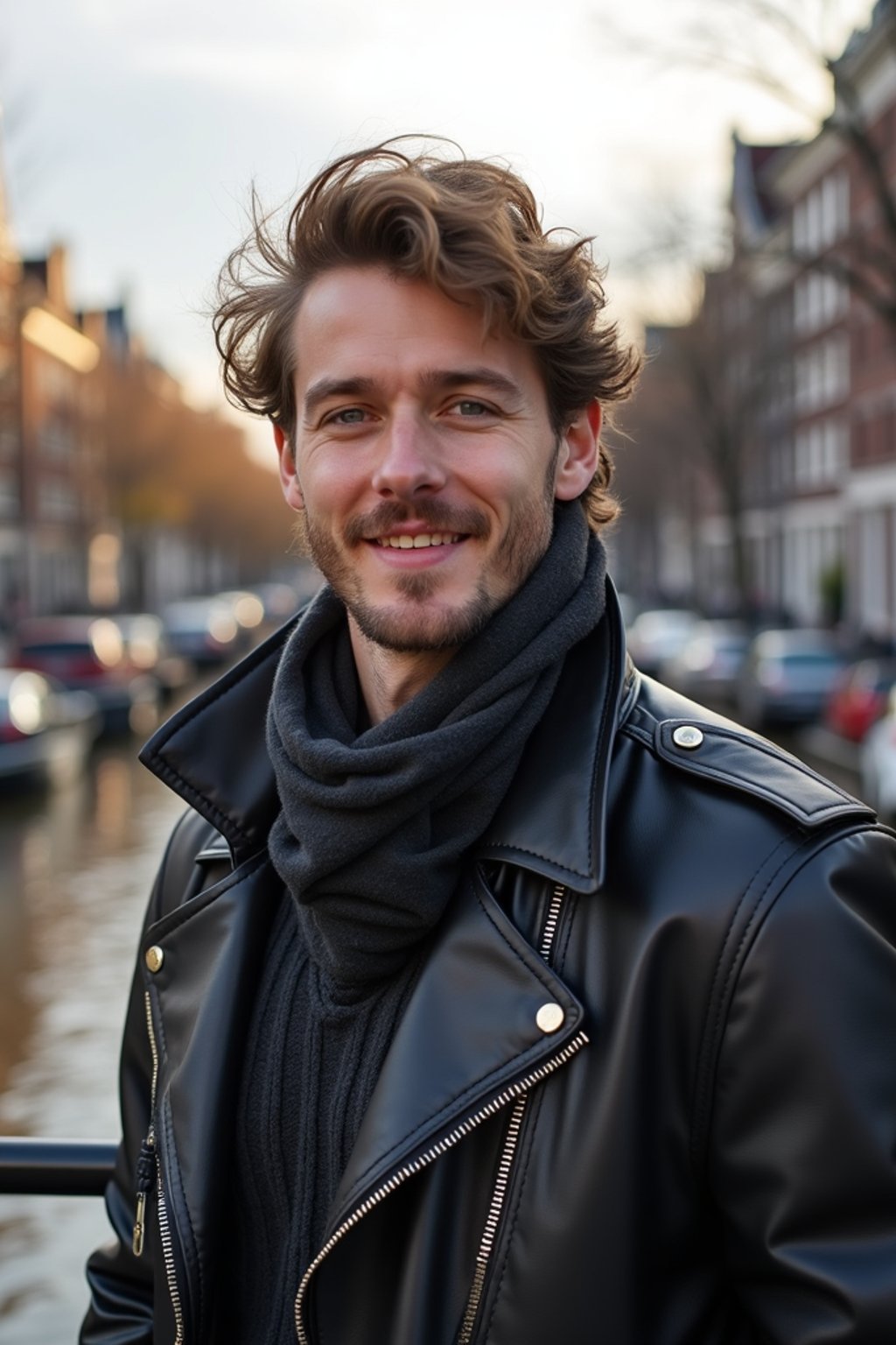 man as digital nomad in Amsterdam with the Amsterdam Canals in background