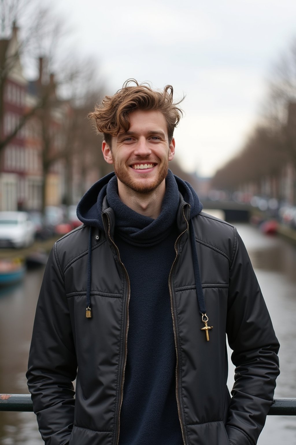 man as digital nomad in Amsterdam with the Amsterdam Canals in background