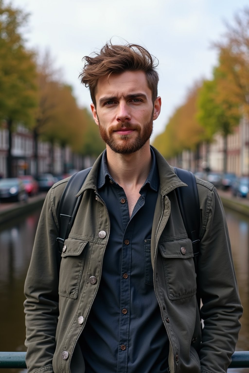 man as digital nomad in Amsterdam with the Amsterdam Canals in background