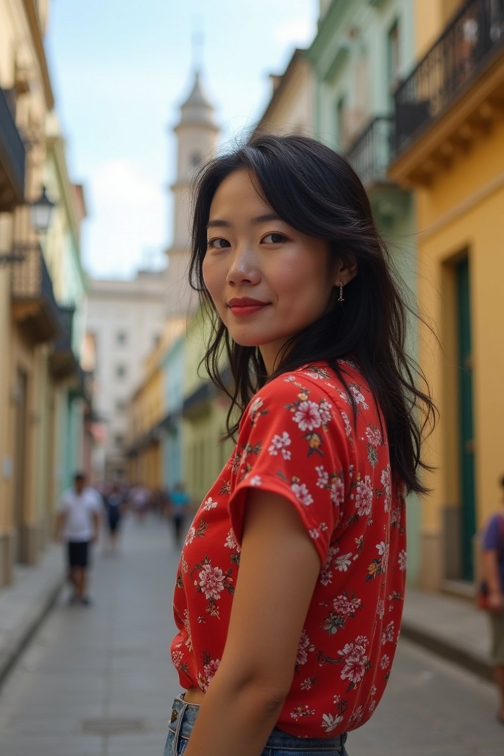 woman as digital nomad in Havana with the colorful old town in the background