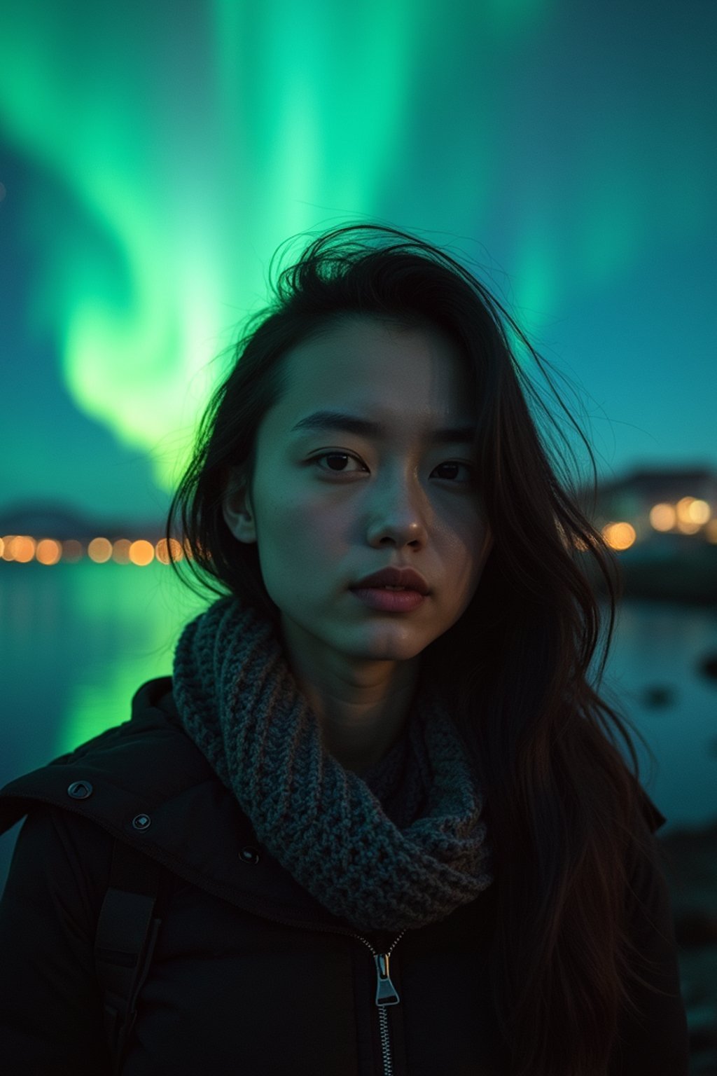 woman as digital nomad in Reykjavik with the Northern Lights in the background