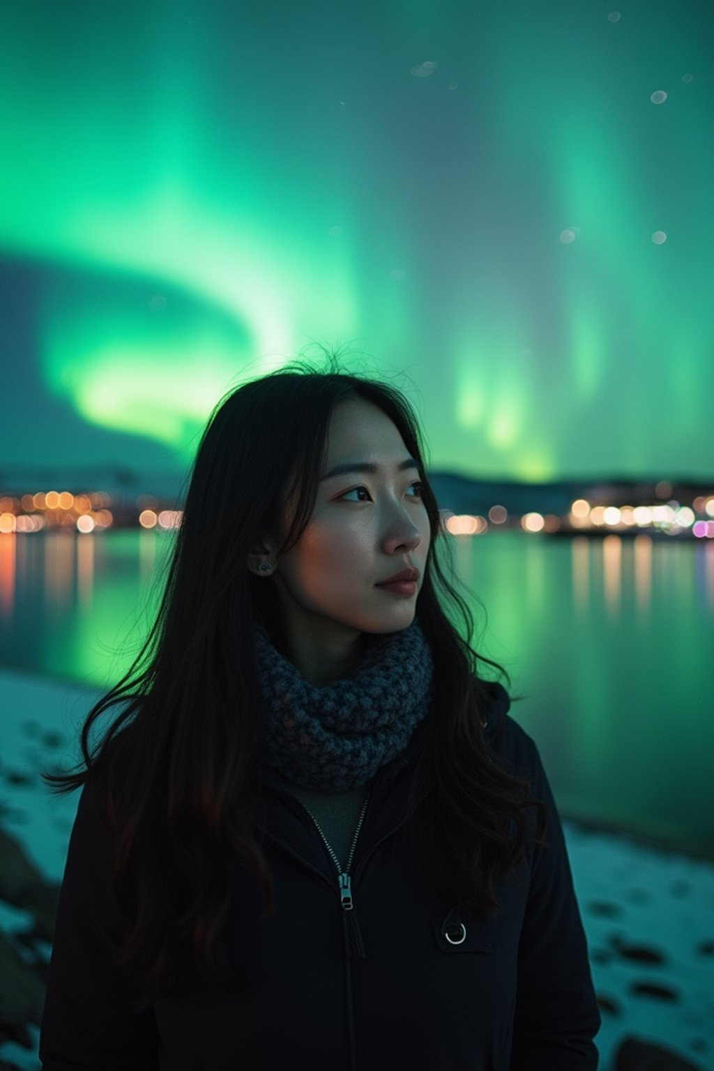 woman as digital nomad in Reykjavik with the Northern Lights in the background