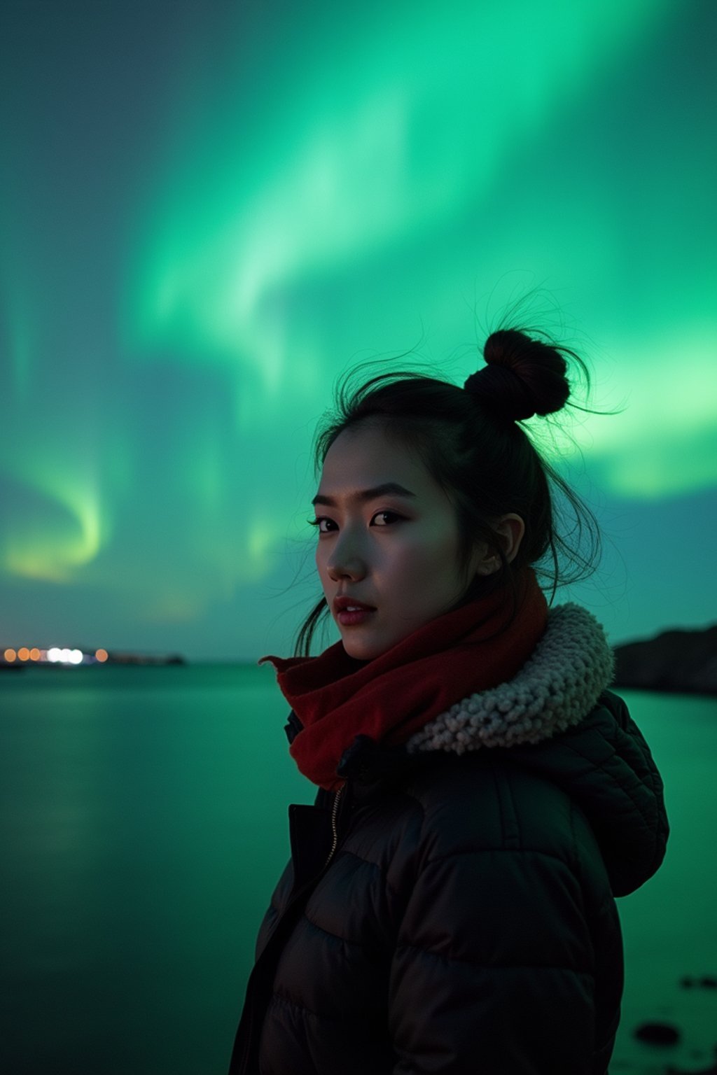 woman as digital nomad in Reykjavik with the Northern Lights in the background