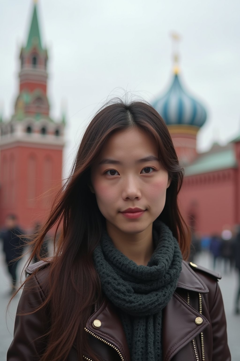 woman as digital nomad in Moscow with the Kremlin in the background