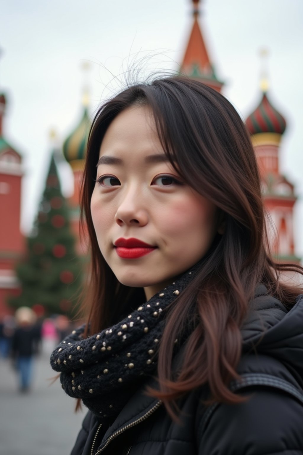 woman as digital nomad in Moscow with the Kremlin in the background