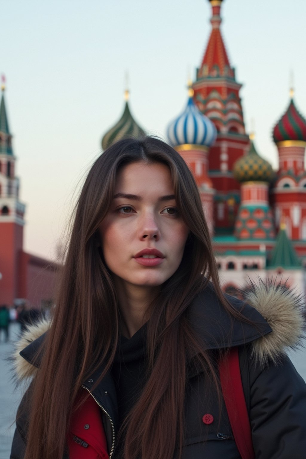 woman as digital nomad in Moscow with the Kremlin in the background