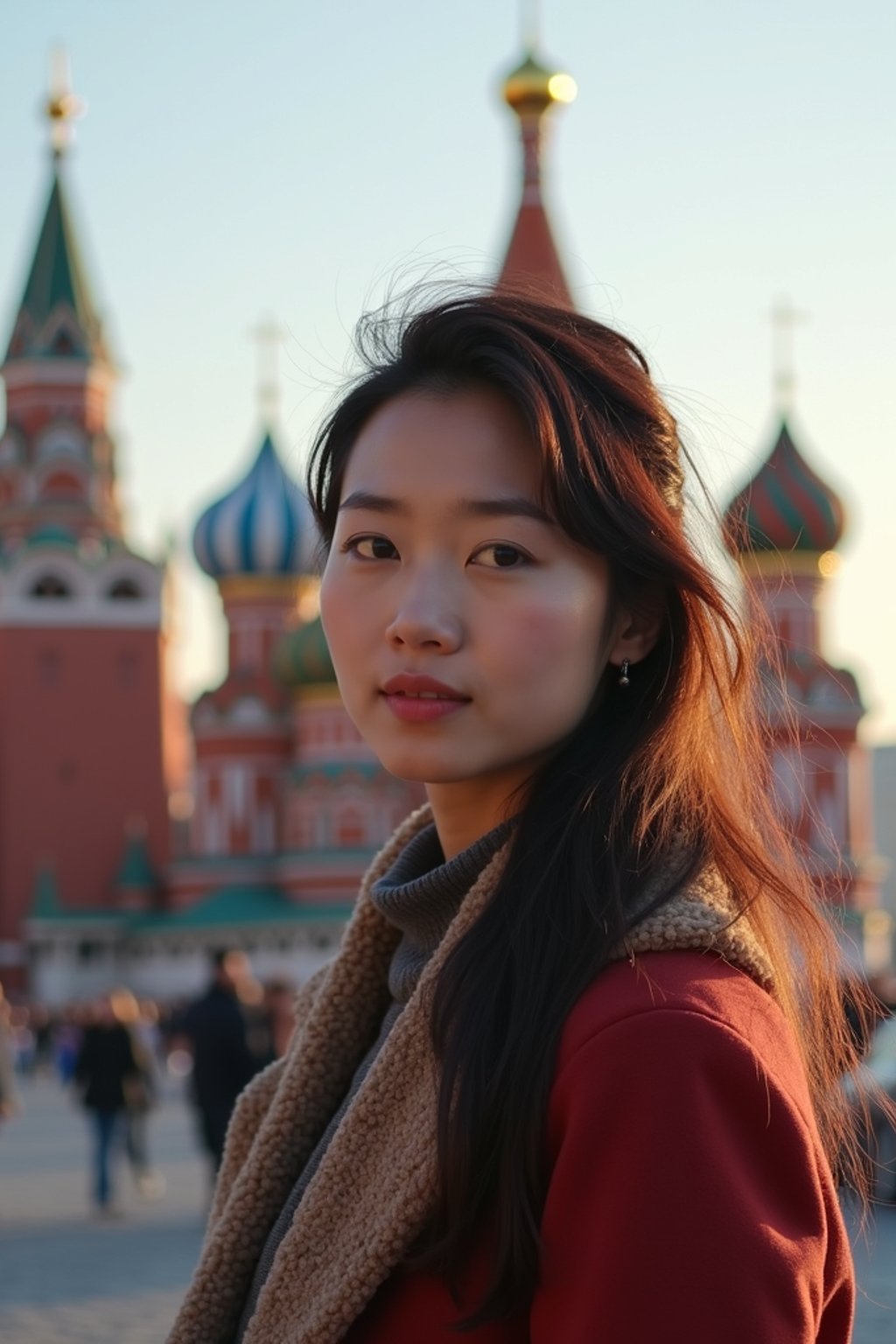 woman as digital nomad in Moscow with the Kremlin in the background