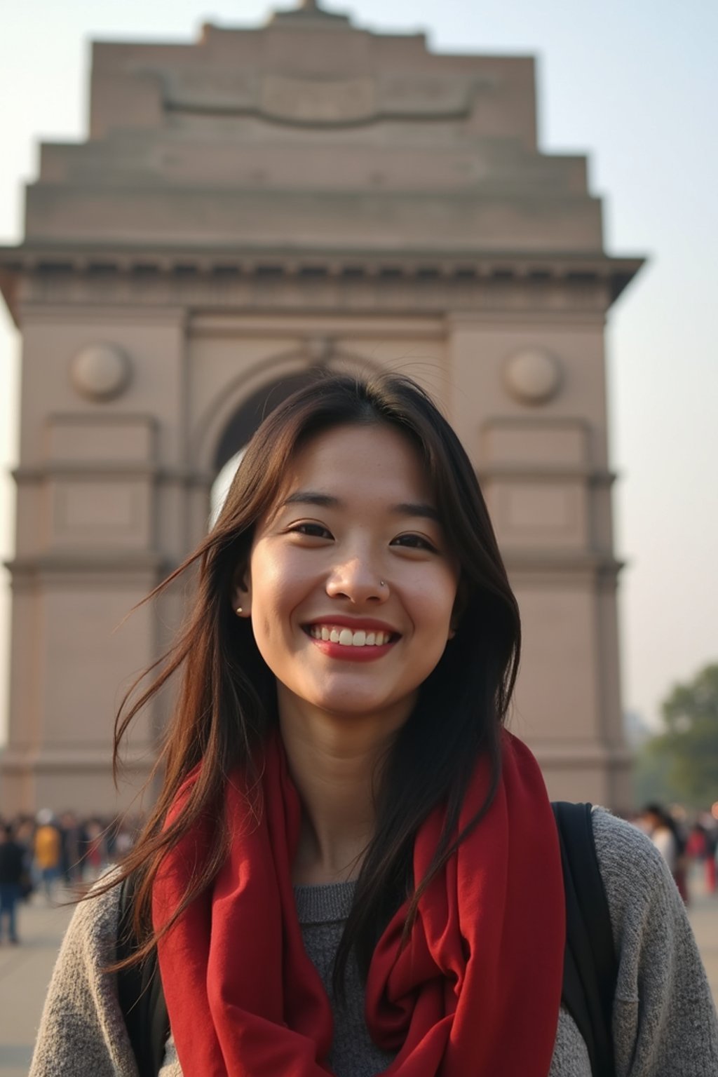 woman as digital nomad in Delhi with the India Gate in the background