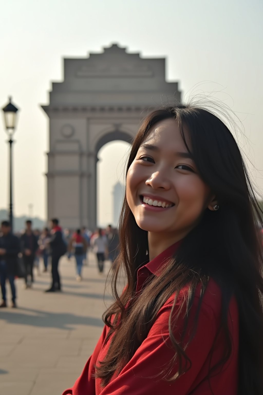 woman as digital nomad in Delhi with the India Gate in the background