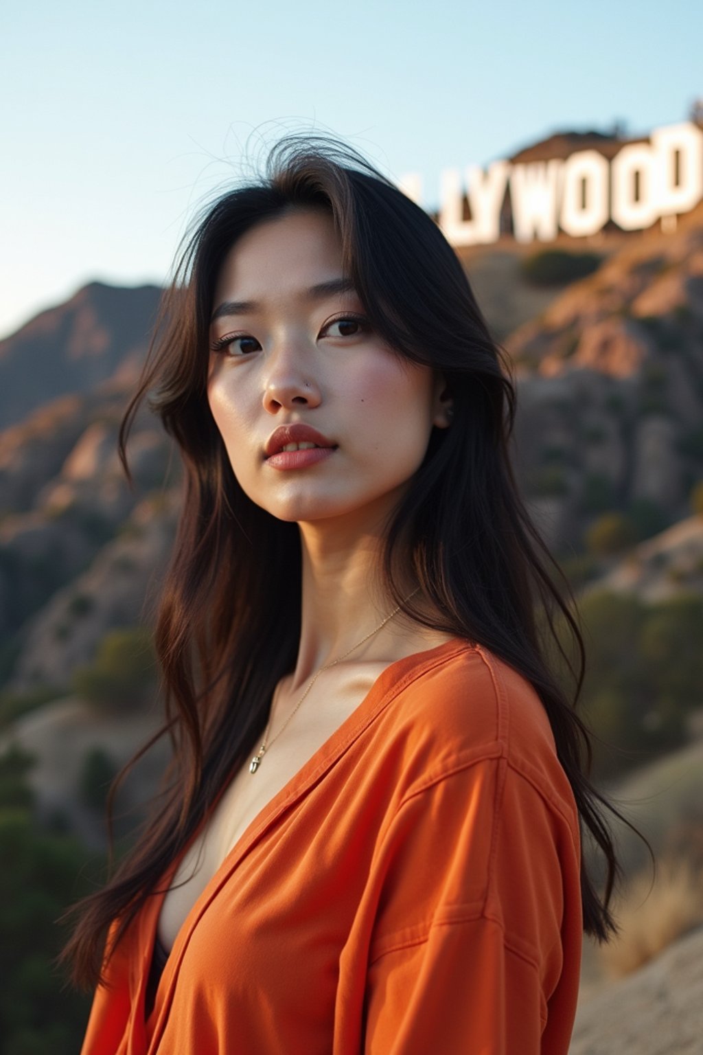 woman as digital nomad in Los Angeles with the Hollywood sign in the background