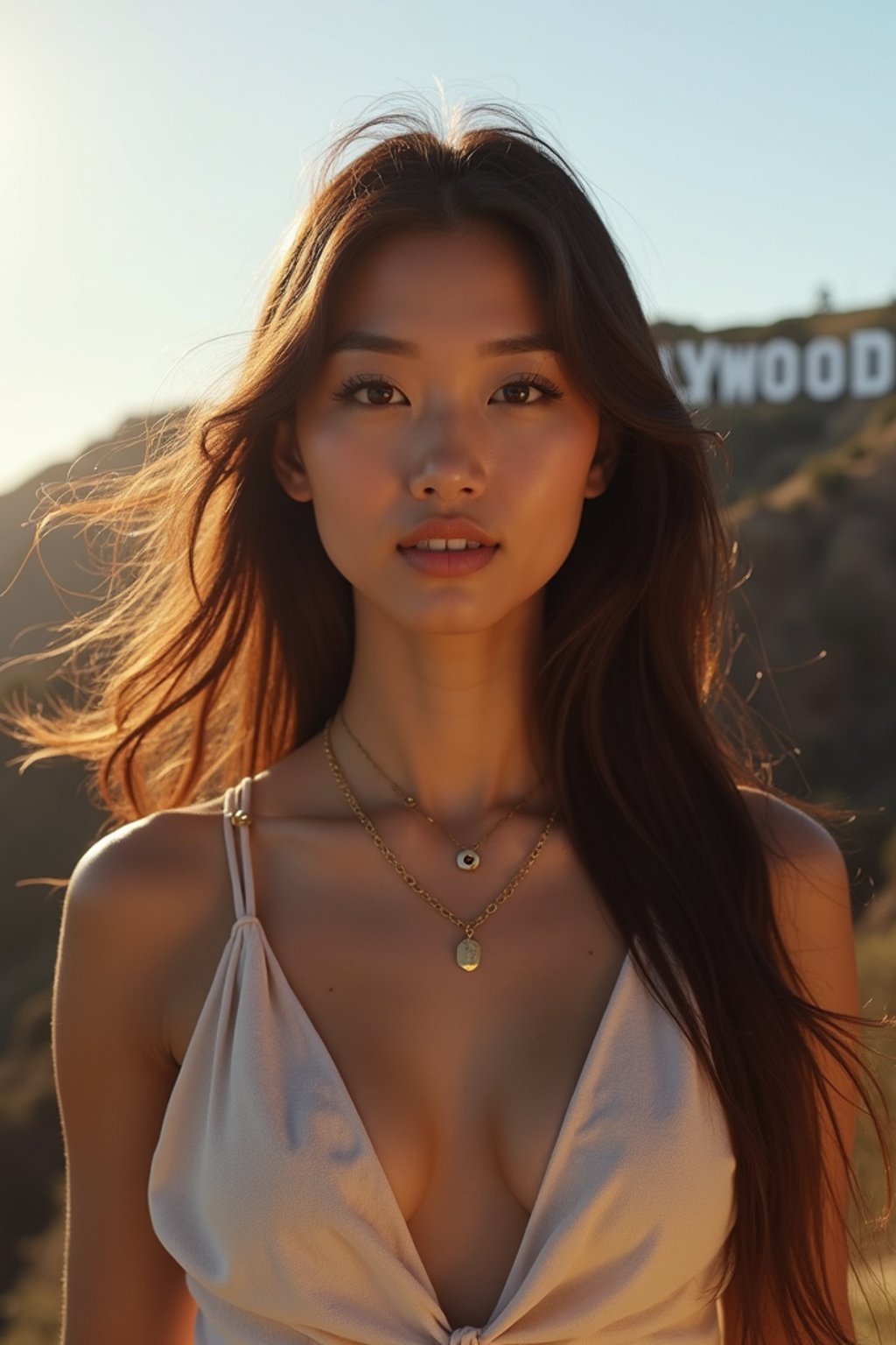 woman as digital nomad in Los Angeles with the Hollywood sign in the background