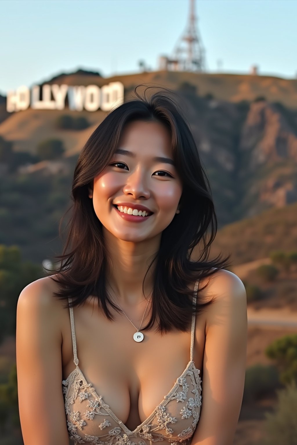 woman as digital nomad in Los Angeles with the Hollywood sign in the background