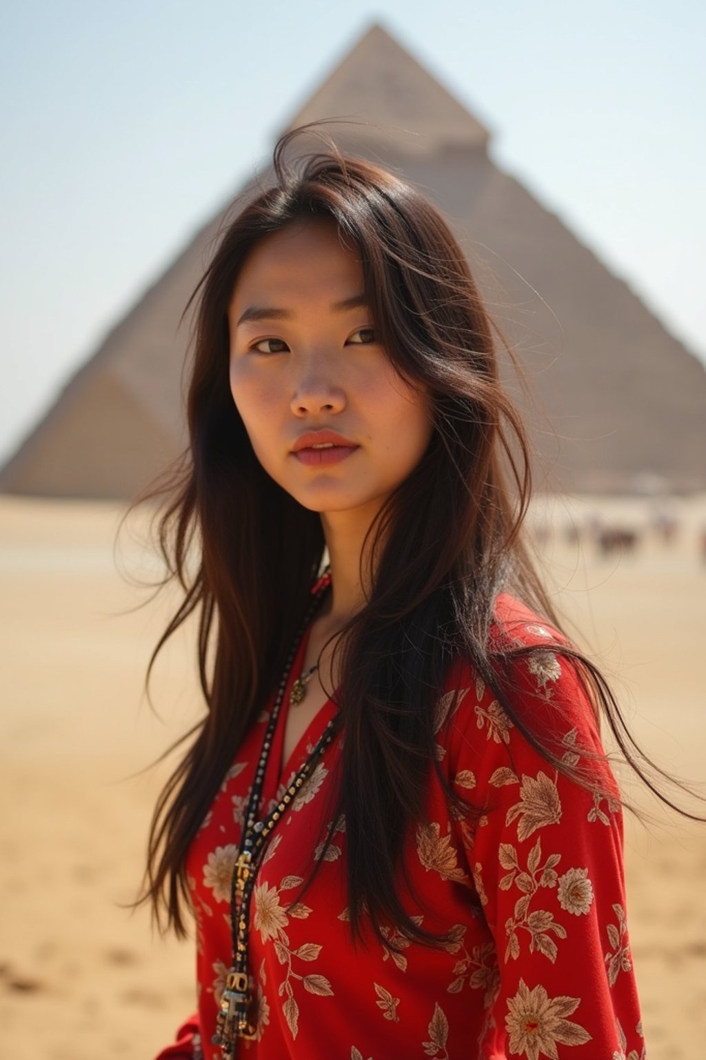 woman as digital nomad in Cairo with the Pyramids of Giza in the background