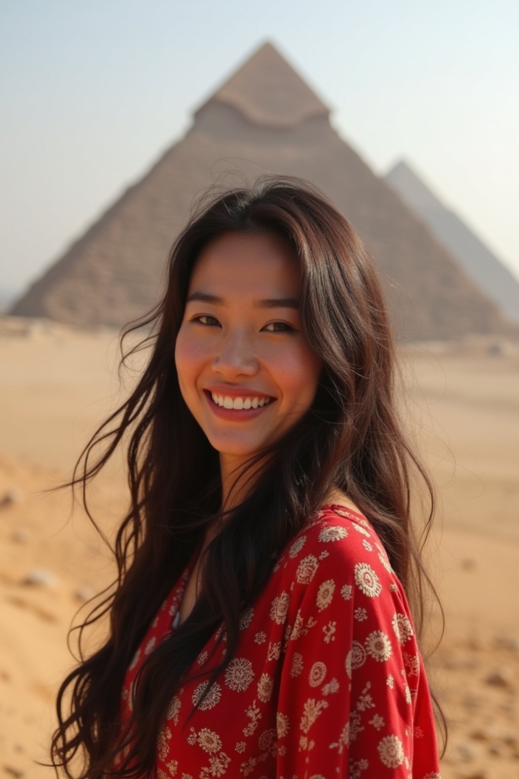 woman as digital nomad in Cairo with the Pyramids of Giza in the background