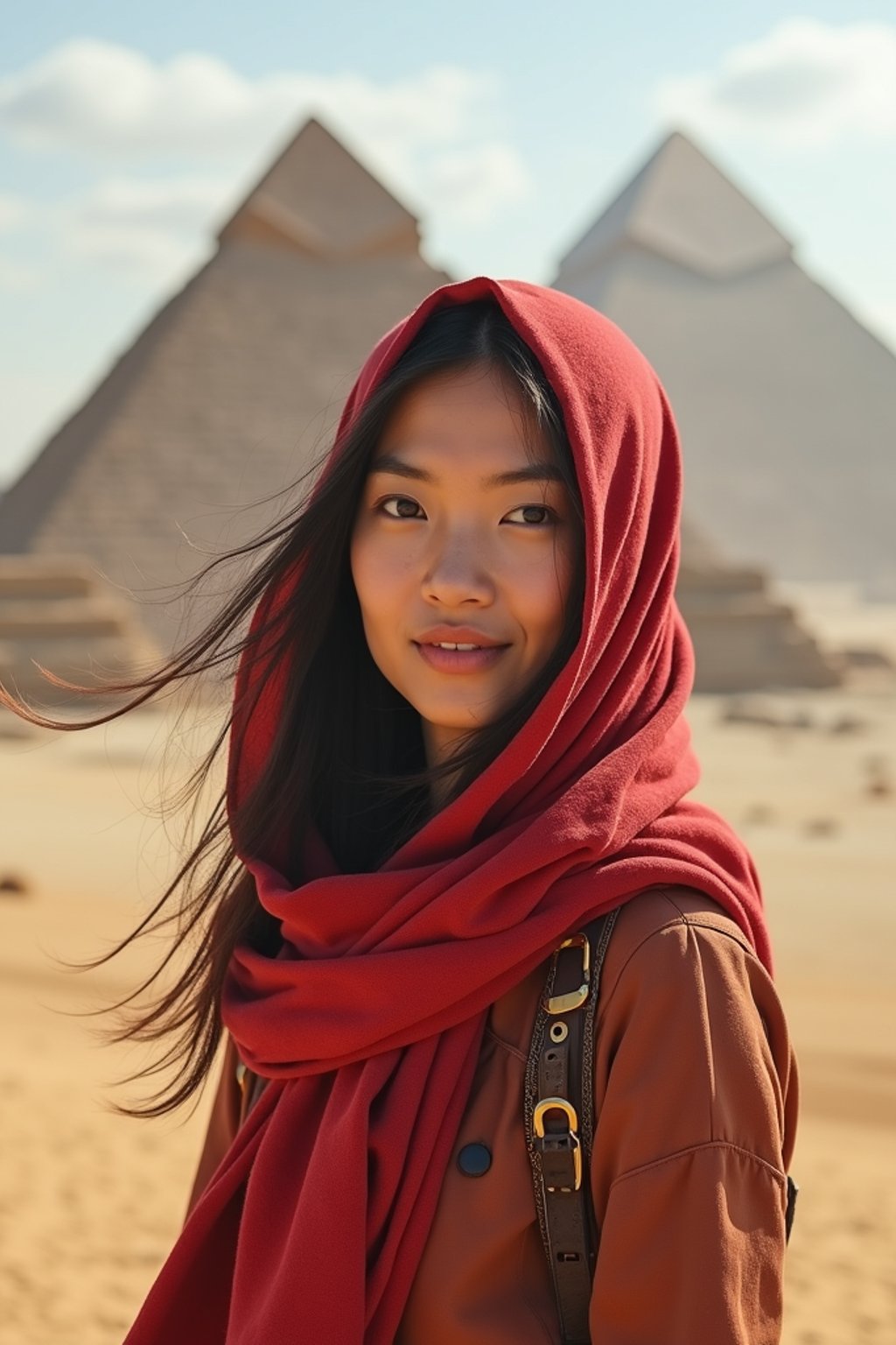 woman as digital nomad in Cairo with the Pyramids of Giza in the background