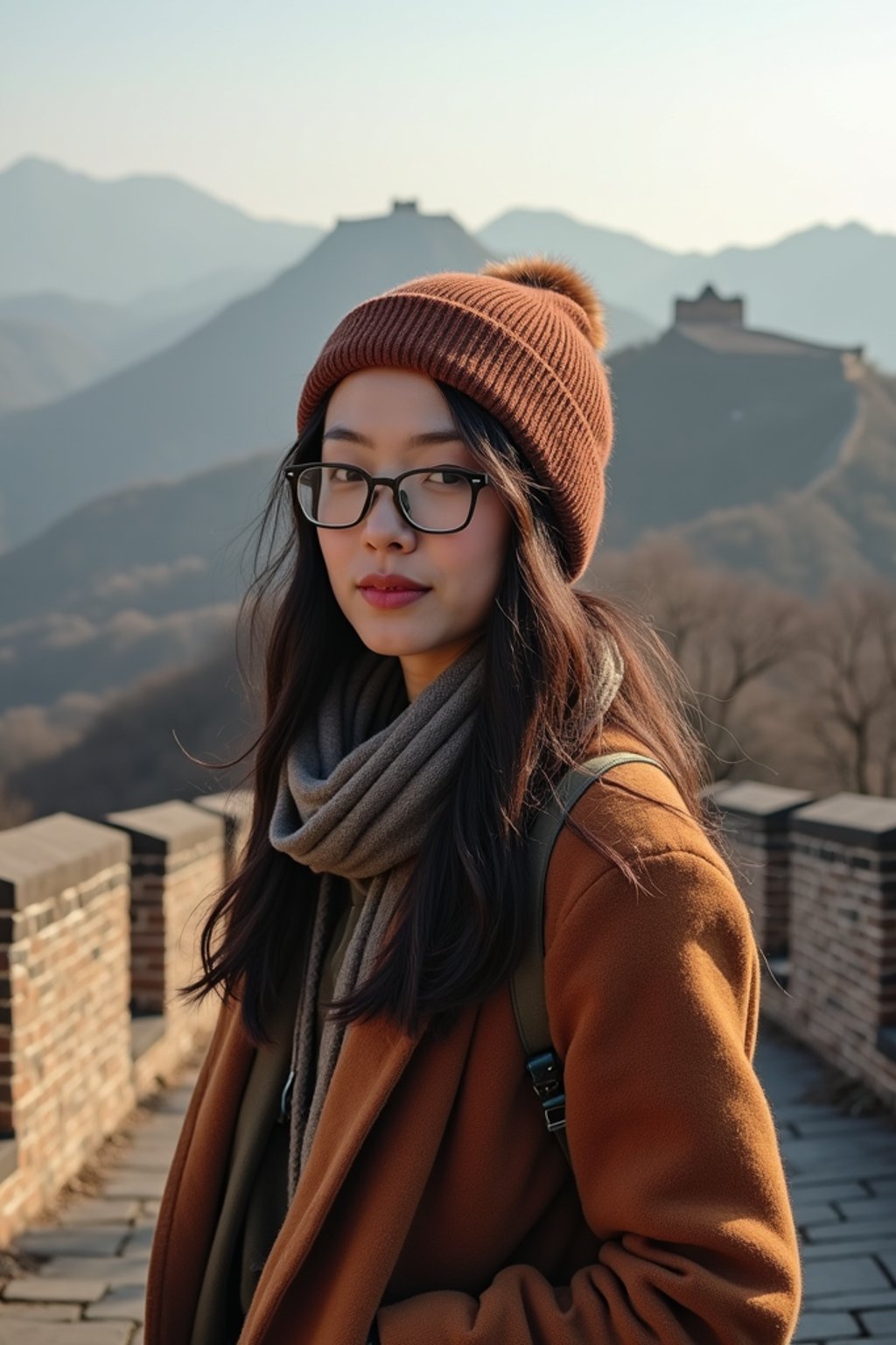 woman as digital nomad in Beijing with the Great Wall in the background