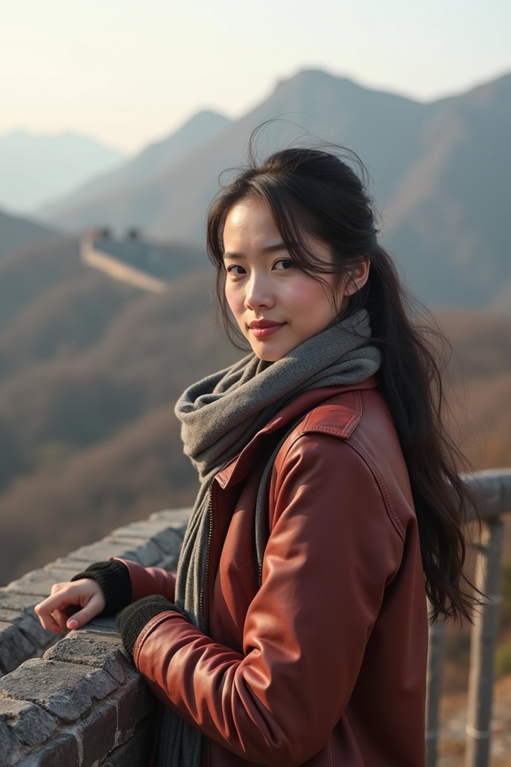 woman as digital nomad in Beijing with the Great Wall in the background