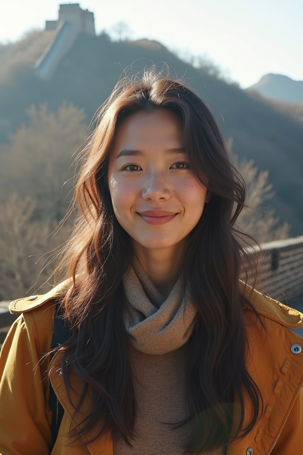 woman as digital nomad in Beijing with the Great Wall in the background