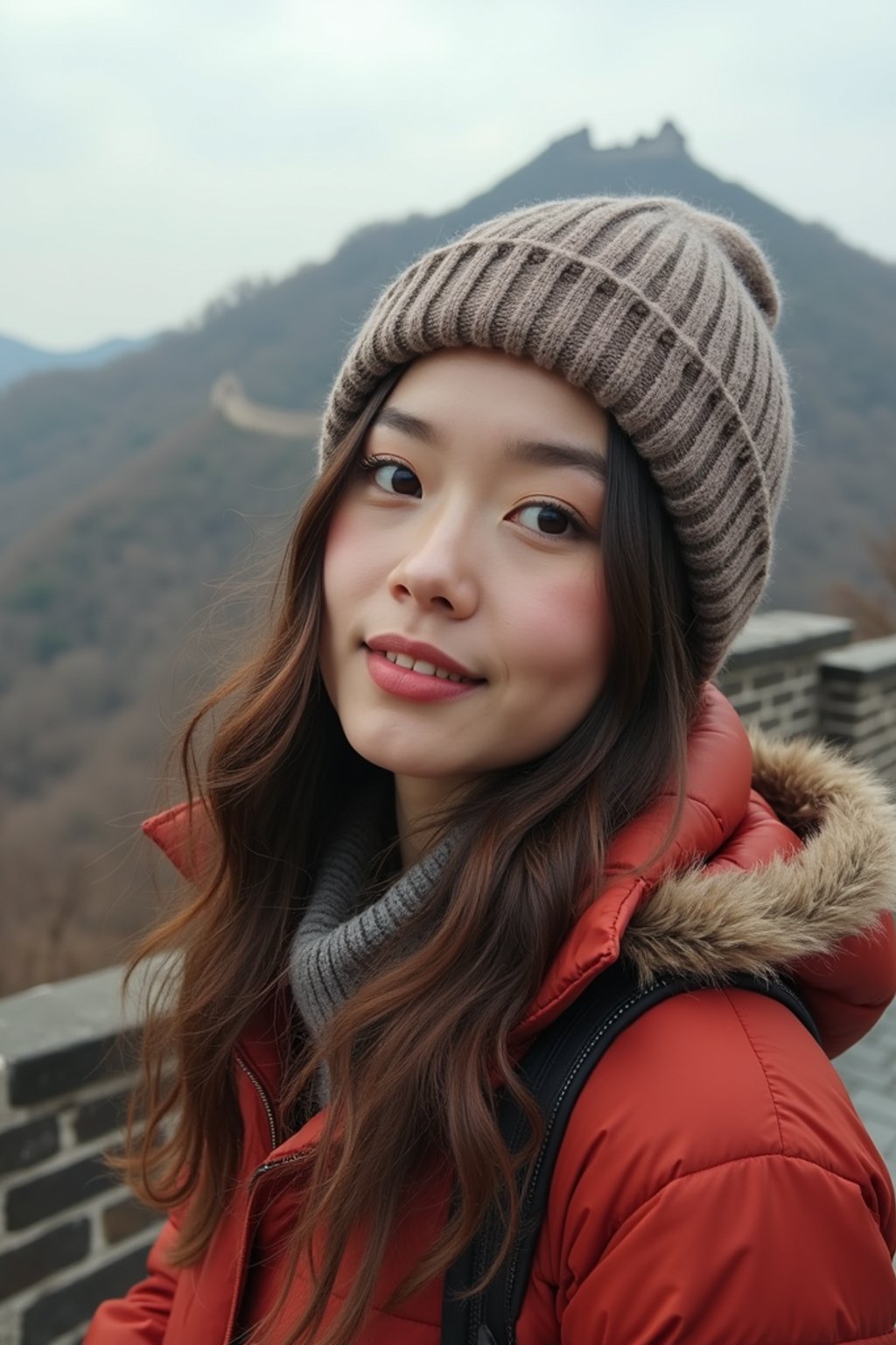 woman as digital nomad in Beijing with the Great Wall in the background