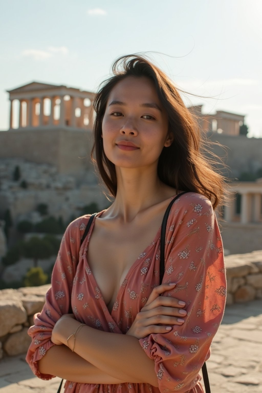 woman as digital nomad in Athens with the Acropolis in the background