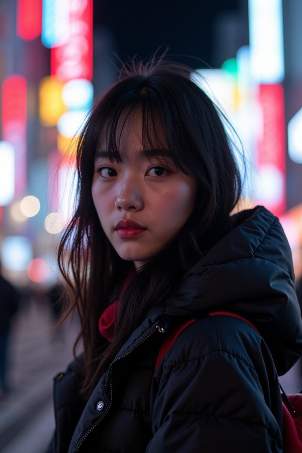 woman as digital nomad in Tokyo at night with neon lights