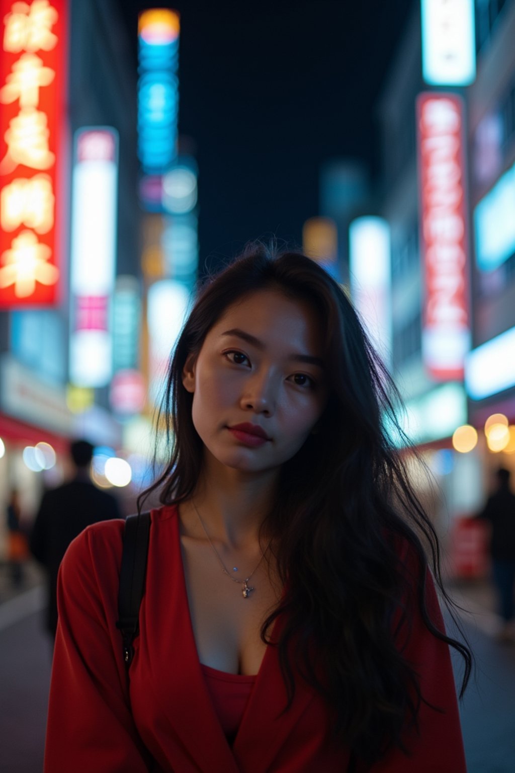 woman as digital nomad in Tokyo at night with neon lights