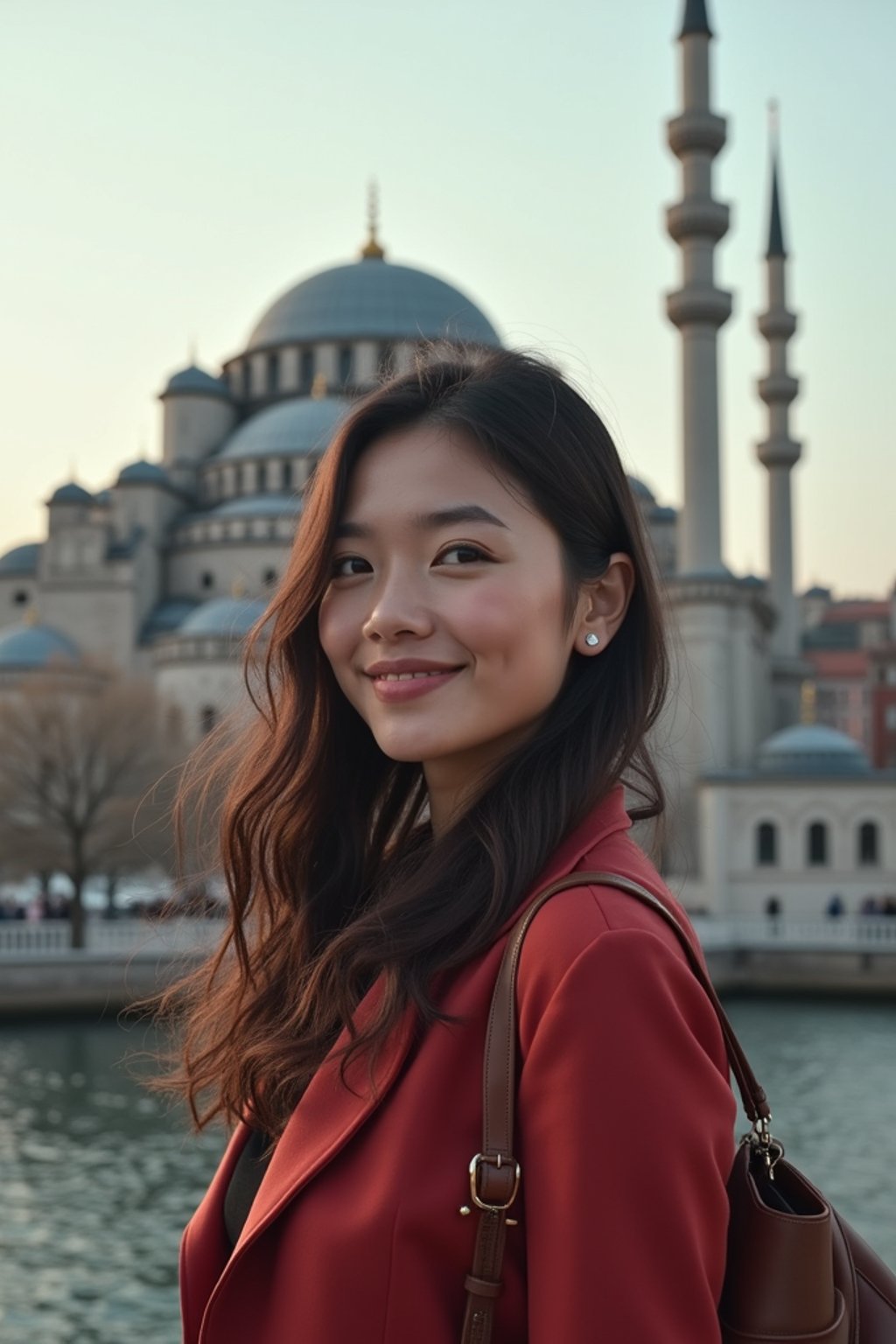 woman as digital nomad in Istanbul with The Mosque in background