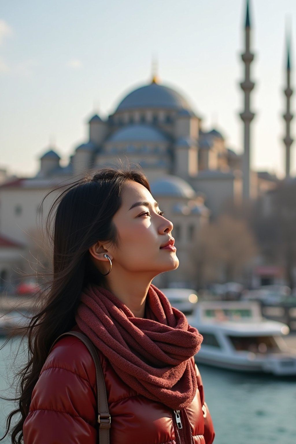 woman as digital nomad in Istanbul with The Mosque in background