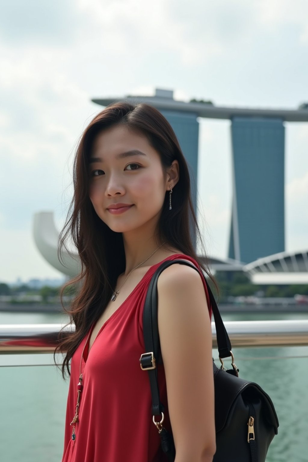 woman as digital nomad in Singapore with Marina Bay Sands in background