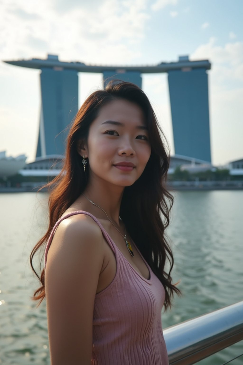 woman as digital nomad in Singapore with Marina Bay Sands in background