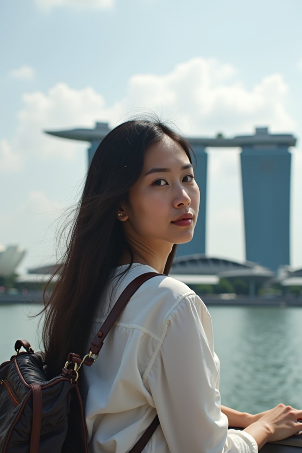 woman as digital nomad in Singapore with Marina Bay Sands in background