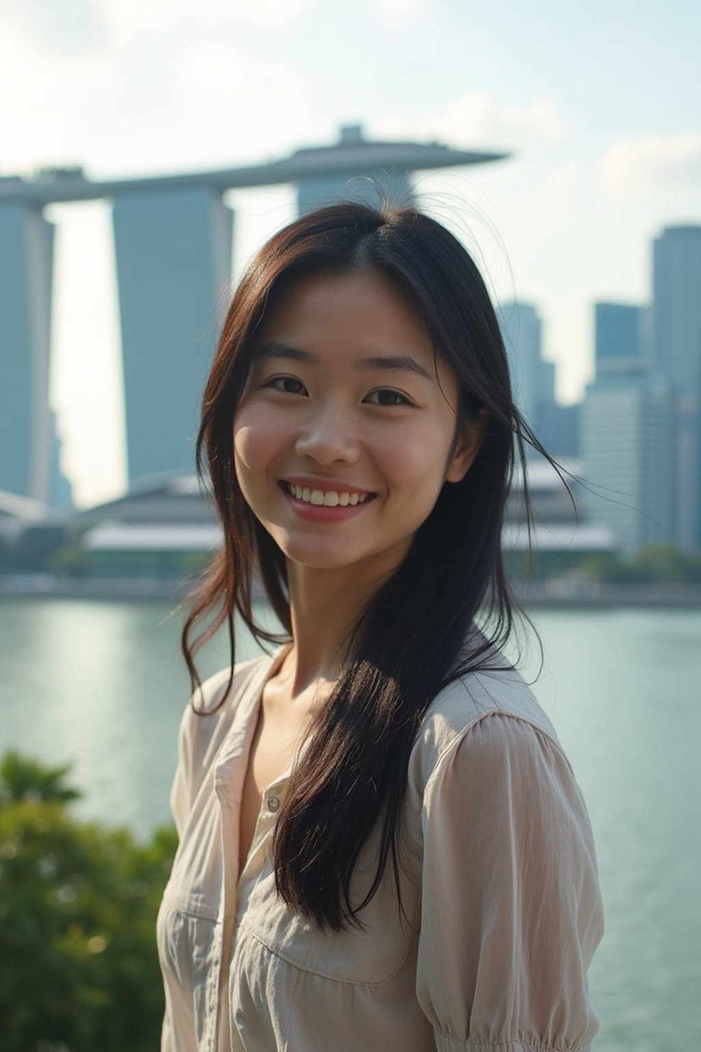 woman as digital nomad in Singapore with Marina Bay Sands in background