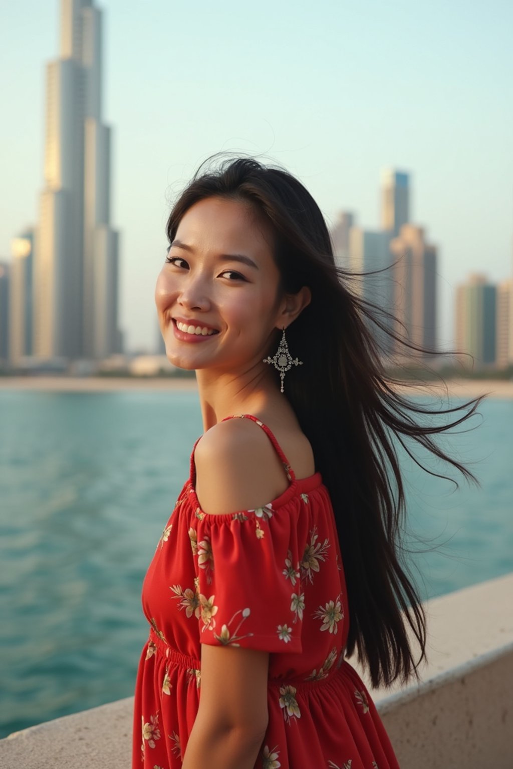 woman as digital nomad in Dubai with skyline in background