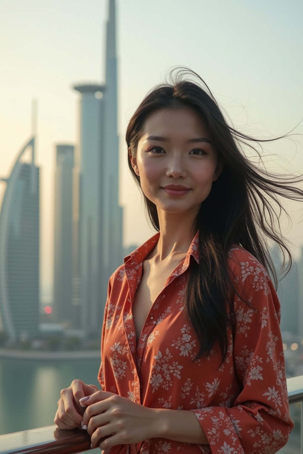 woman as digital nomad in Dubai with skyline in background