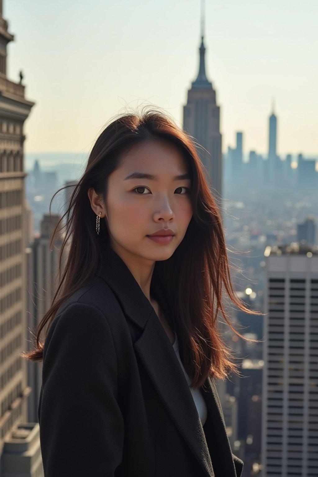 woman as digital nomad in New York City with Manhattan in background