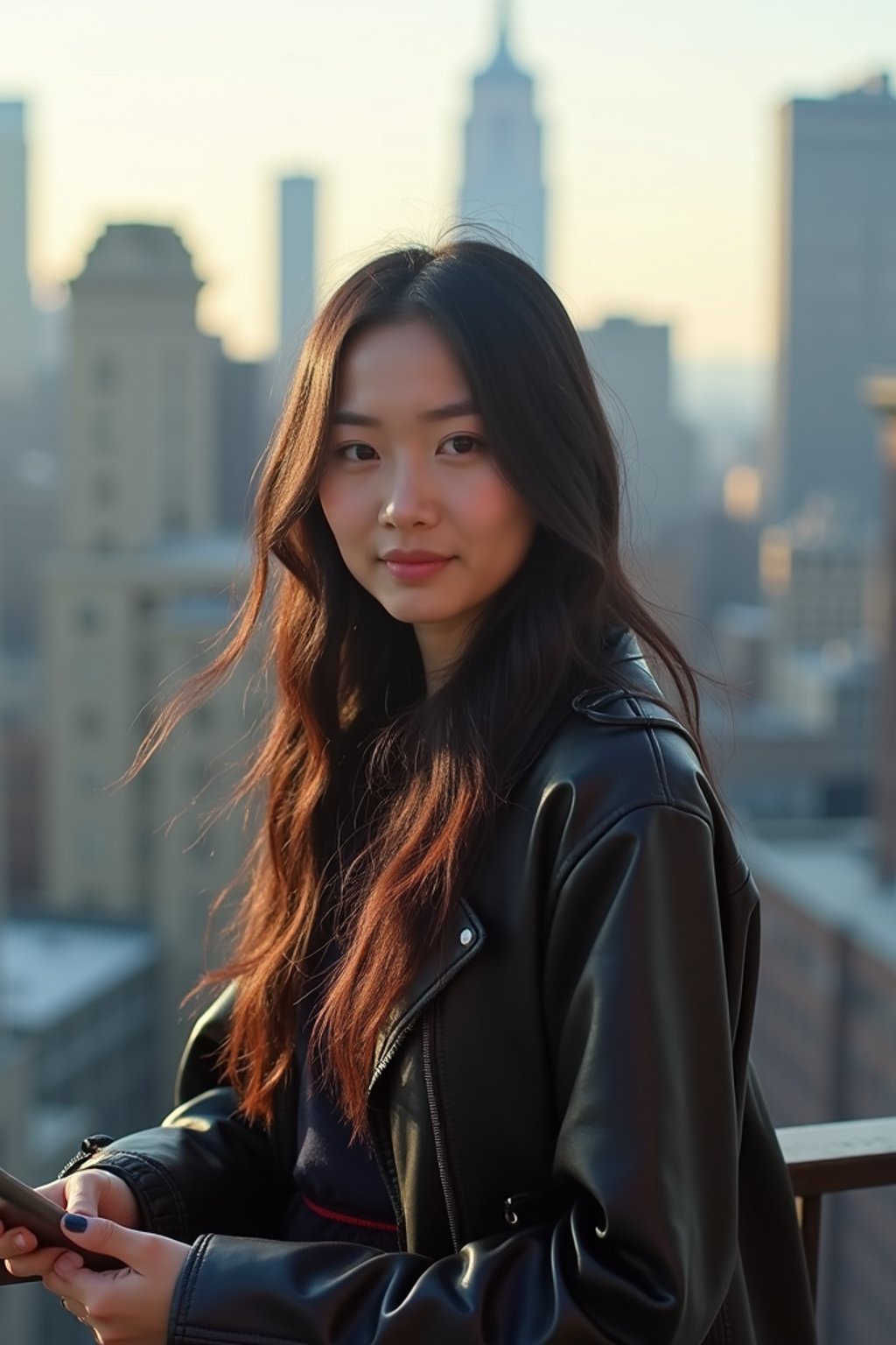 woman as digital nomad in New York City with Manhattan in background