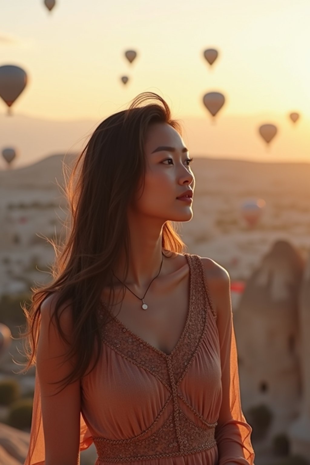 Breathtakingly woman as digital nomad with hot air balloons in the background in cappadocia, Türkiye. Cappadocia, Turkey