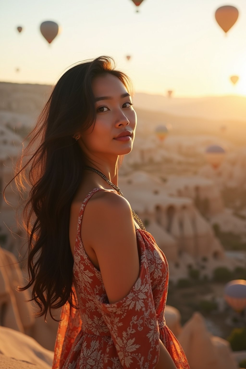 Breathtakingly woman as digital nomad with hot air balloons in the background in cappadocia, Türkiye. Cappadocia, Turkey