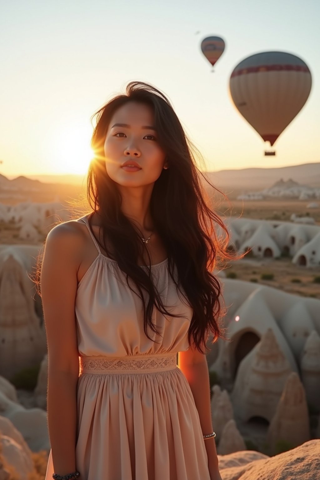 Breathtakingly woman as digital nomad with hot air balloons in the background in cappadocia, Türkiye. Cappadocia, Turkey